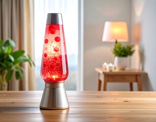 Red lava lamp on a wooden table (1)