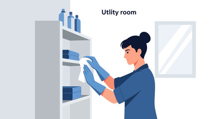 Fototapeta premium Woman Cleaning A Shelf In A Utility Room For Home Hygiene Tasks