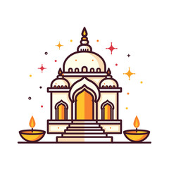 Diwali festival celebration with temple and diya lamps on white background and copy space
