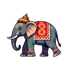Colorful patterned elephant walking on white background with copy space
