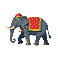 Decorated elephant walking on white background with vibrant colors and copy space
