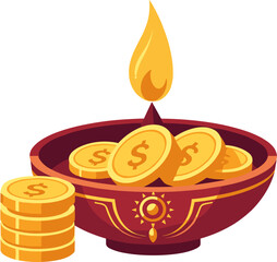 Bowl of coins and candle flame on white background with copy space
