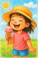 Happy little girl enjoying a melting ice cream cone on a sunny summer day, wearing a straw hat, crayon drawing illustration