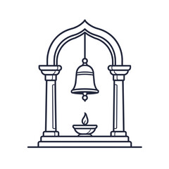 Traditional temple bell and diya lamp under arch on white background with copy space
