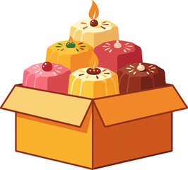 Box of colorful sweets with candle on white background and copy space
