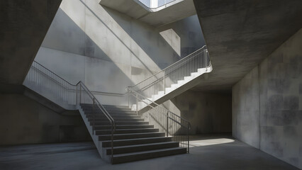 Fototapeta premium Brutalist concrete staircases in foggy abandoned structure