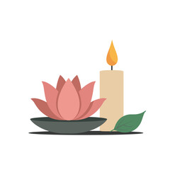 Lotus flower and candle on a plate with green leaf on white background and copy space
