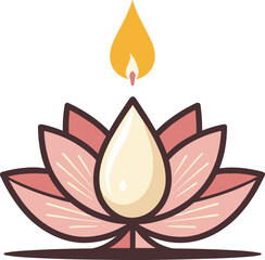 Lotus flower with diya candle on white background and copy space