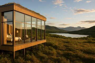 Fototapeta premium Sustainable eco-lodge resort with panoramic lake views and harmonious natural architecture integration