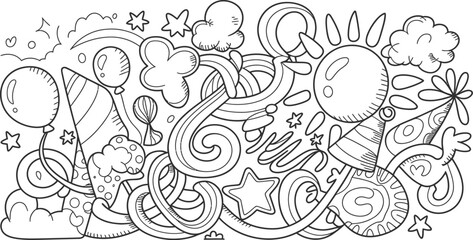 Cheerful Celebration Doodles Featuring Balloons, Stars, Party Hats