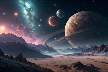 Alien planet landscape with ringed planet and nebula in colorful sky
