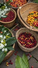 Rustic Colombian coffee harvest flat lay composition