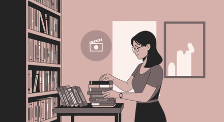 Young Woman Arranging Books In Library Scene For Media Production Promotion