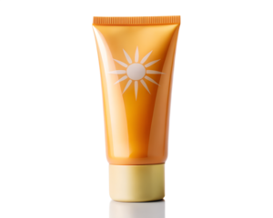 An orange tube of sunscreen with a sun logo, isolated on a transparent background