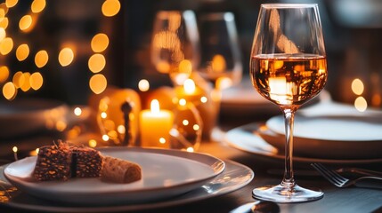 Elegant Dinner Setting With Warm Lighting and Fine Wine During a Romantic Evening