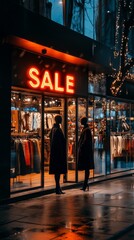 Evening Shopping Near Sale Sign With Two Stylish Individuals in Modern Urban Setting