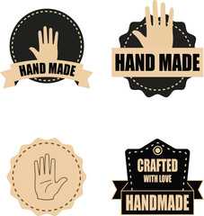 Collection of handmade badges featuring hands and text in various shapes and designs shown together