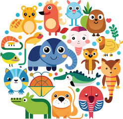 Fototapeta premium Collection of cute cartoon animals and sea creatures