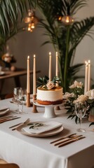 Fototapeta premium Elegant Table Setting for a Celebration With Cake and Candles