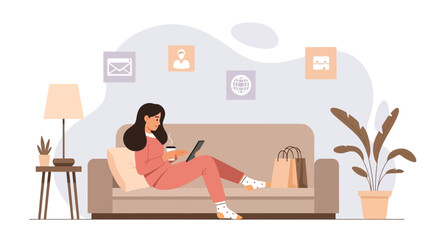 Woman Relaxing At Home With Tablet And Coffee Enjoying Comfortable Lifestyle