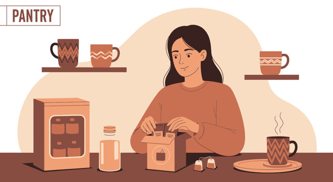 Woman Relaxing In Pantry Arranging Tea Bags In Cozy Kitchen Scene