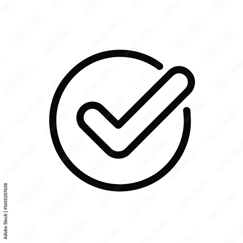 Poster black and white check mark inside circle icon depicting approval or task completion