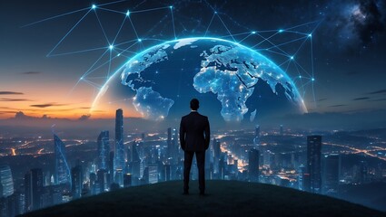 Man standing on rooftop overlooking futuristic city with glowing earth and digital network above
