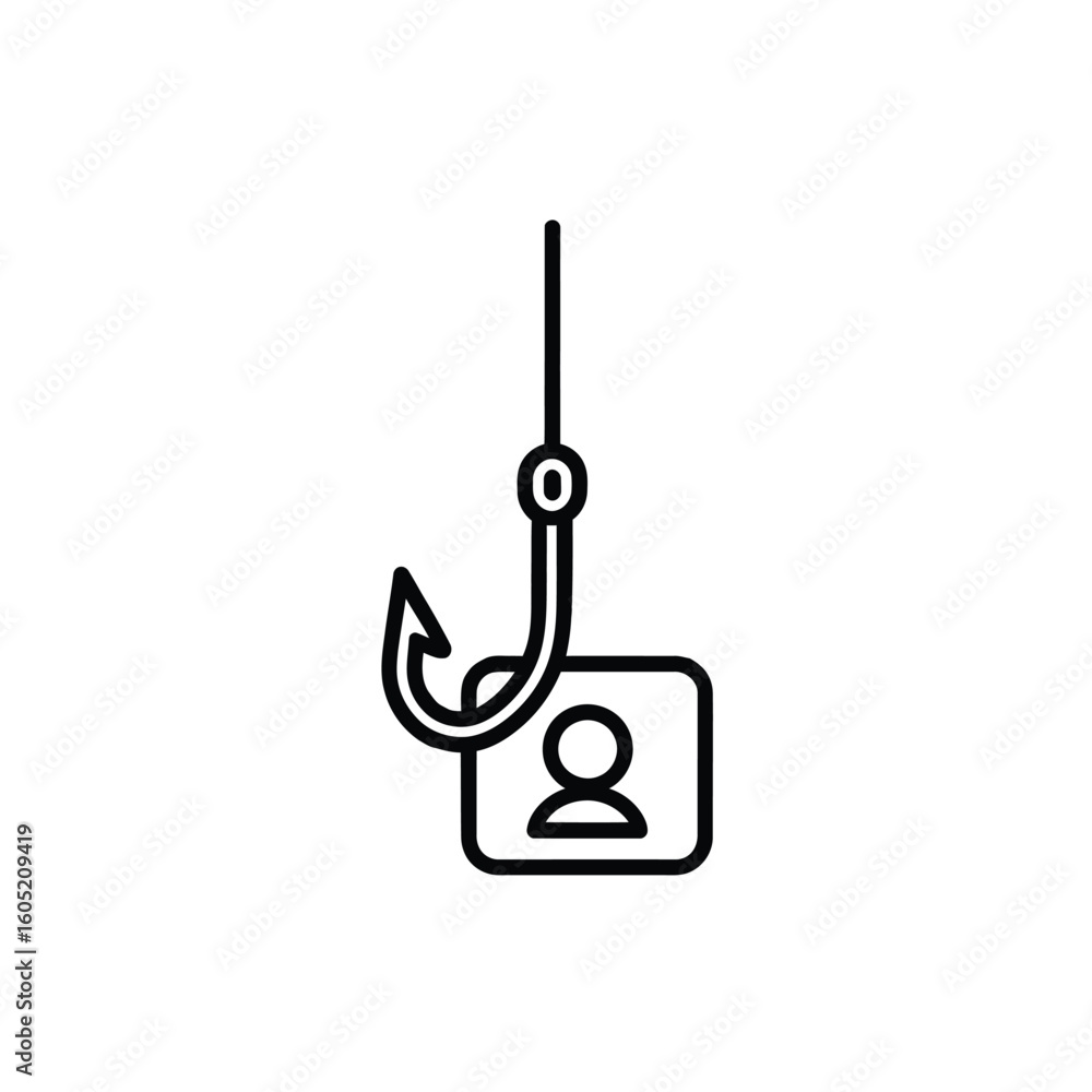 Poster phishing concept with a fishing hook and user icon symbolizing online deception and data theft