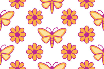 Seamless pattern orange butterflies purple centered flowers on butterfly