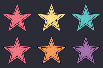 Six handdrawn stars in pink yellow teal orange purple on dark shape symbol