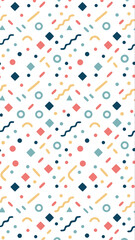 Whimsical geometric pattern featuring diamonds zigzags circles and dots in a playful color palette