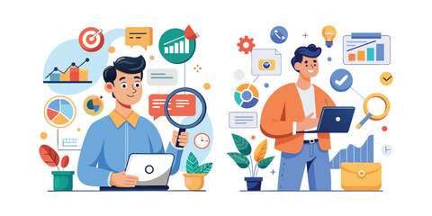 Confident marketer analyzing social media insights on laptop, digital marketing strategy, data analytics, business growth, social media trends, online marketing, professional workspace vector design.