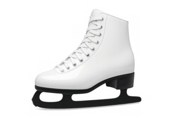 White ice skate hanging against transparent backdrop, showcasing winter athletic gear for skating enthusiasts