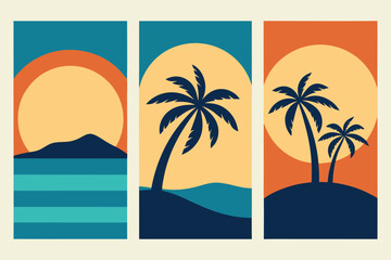 Three panel retro sunset beach scene with palm trees ocean vector