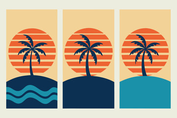 Three stylized tropical beach scenes with palm trees sunsets vector