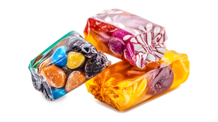 Three different colored candy bars are stacked on top of each other. The candy bars are in different colors and shapes, and they are all wrapped in plastic
