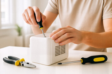 Close up of hands using tools to fix a compact appliance on a white table in a well lit room.