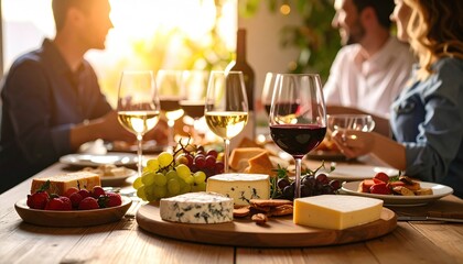 Friends enjoying wine and cheese at an elegant dinner party.