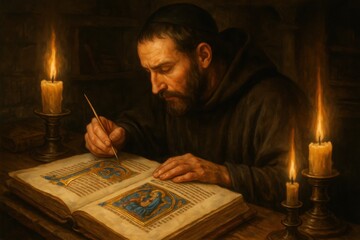 Medieval manuscript illuminator crafting ornate religious texts in candlelit monastery scriptorium during Renaissance period