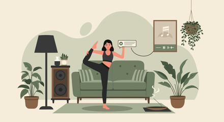 Fototapeta premium Young Woman Practicing Yoga Posture in Cozy Living Room With Music