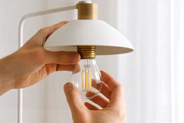 Person Replacing LED Light Bulb in Modern Lamp. DIY manuals