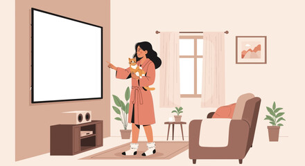 Woman With Cat Presenting Blank Smart Tv Screen In Comfortable Home