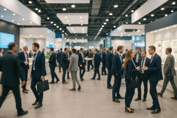 Professional business people networking at contemporary trade show with motion blur effect and dynamic energy