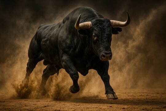 Powerful Spanish fighting bull in aggressive charging stance with dust clouds and dramatic lighting
