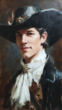 18th century oil portrait painting black hat white cravat historical artwork noble baroque classical style