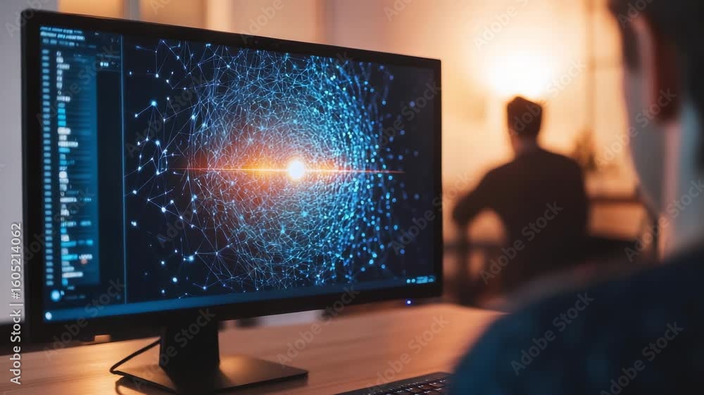 Aufkleber software developer coding intently, viewing calming visual on screen, reducing work related stress a