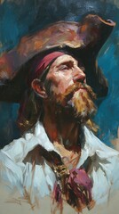 vintage oil painting style pirate portrait with dramatic lighting and textured brushstrokes