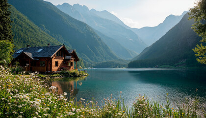 Fototapeta premium A cozy cottage on the lake, surrounded by mountains
