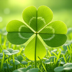 Four-Leaf Clover in Lush Green Field Representing Luck and Nature's Beauty in a Vibrant Spring Landscape