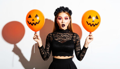 Stylish Woman Holding Halloween Balloons with Jack-o'-Lantern Faces